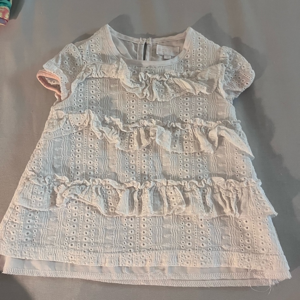 BCBG White Blouse with Ruffled Neckline and Eyelet Texture